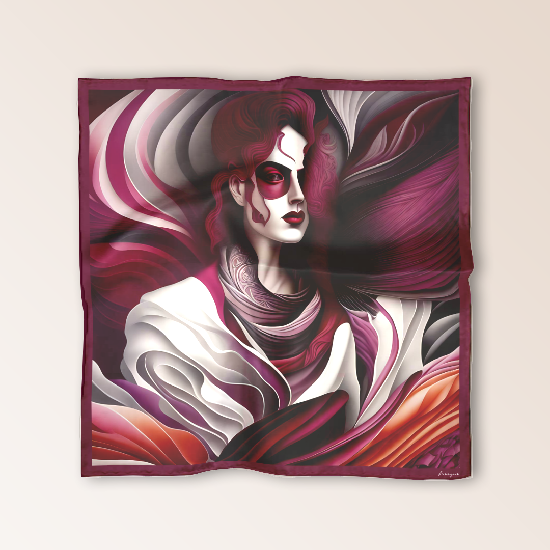 Luxury scented scarf in maroon and white, featuring a surrealist figure with exposed layers, symbolizing transformation.