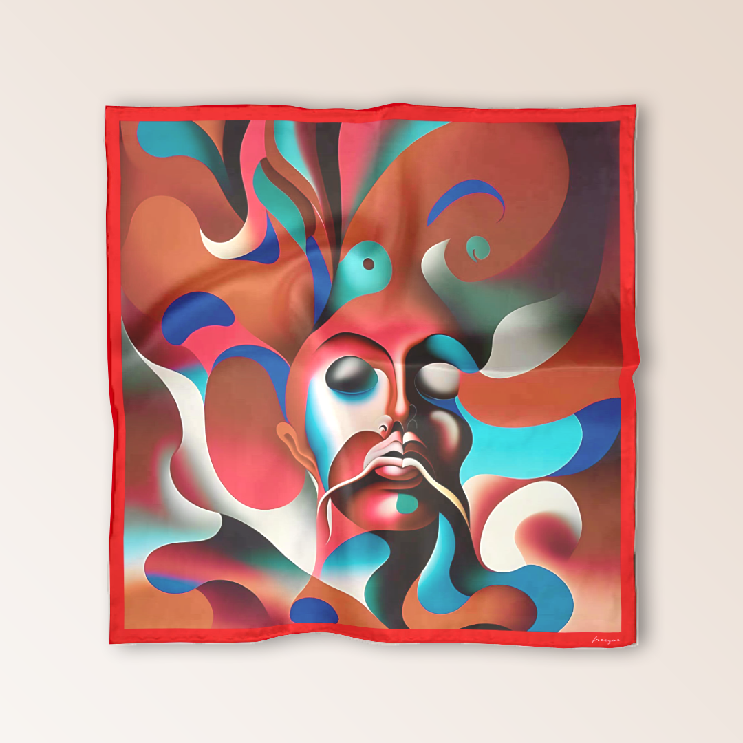 Furor scented scarf by Freeque, displaying a surreal red and blue face design in a flat lay, evoking themes of rage and intense emotion.