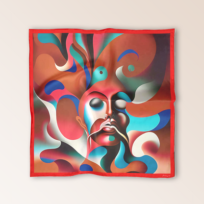 Furor scented scarf by Freeque, displaying a surreal red and blue face design in a flat lay, evoking themes of rage and intense emotion.