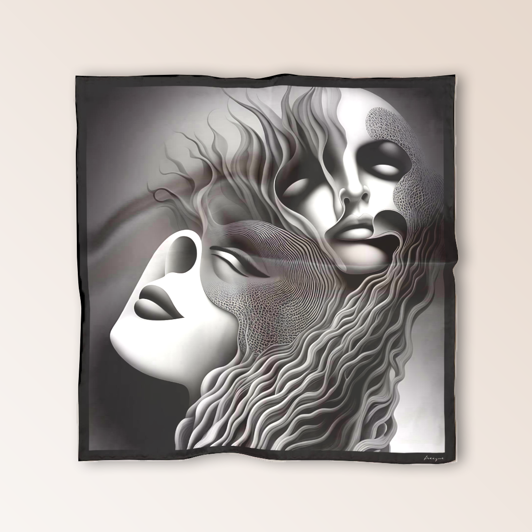 Apathia ‘Numb’ luxury scented scarf flat lay, surreal art in grayscale, featuring two faces representing emotional detachment.