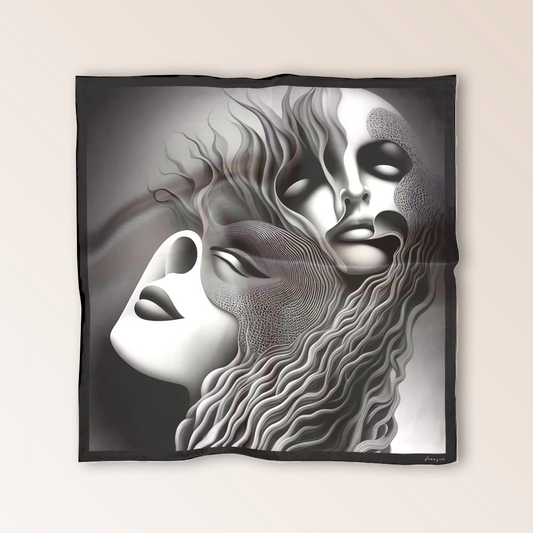 Apathia ‘Numb’ luxury scented scarf flat lay, surreal art in grayscale, featuring two faces representing emotional detachment.