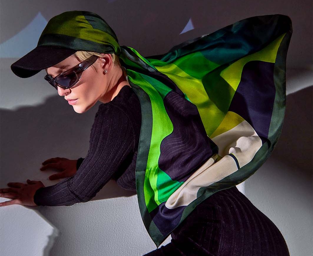 woman showcasing freeque's luxurious silk scarf