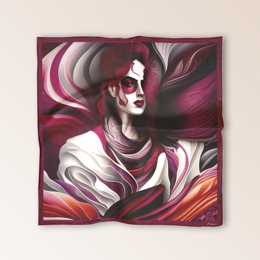 Luxury scented scarf in maroon and white, featuring a surrealist figure with exposed layers, symbolizing transformation.