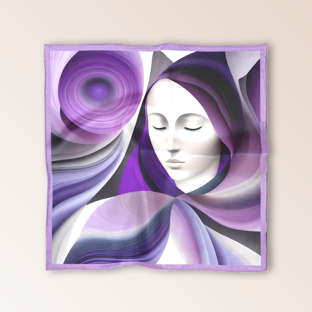 Luxury silk scarf in soft purple hues with a serene face motif, Freeque.