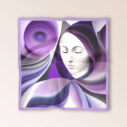 Luxury silk scarf in soft purple hues with a serene face motif, Freeque.