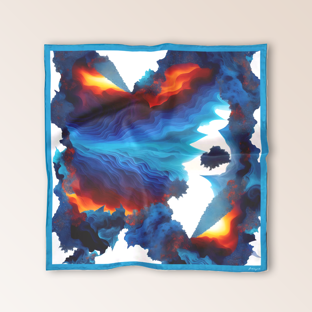 Close-up of the Oneirodýni "Emotional Multiplicity" scarf, showcasing abstract blue, orange, and black dreamscape design inspired by surrealism.