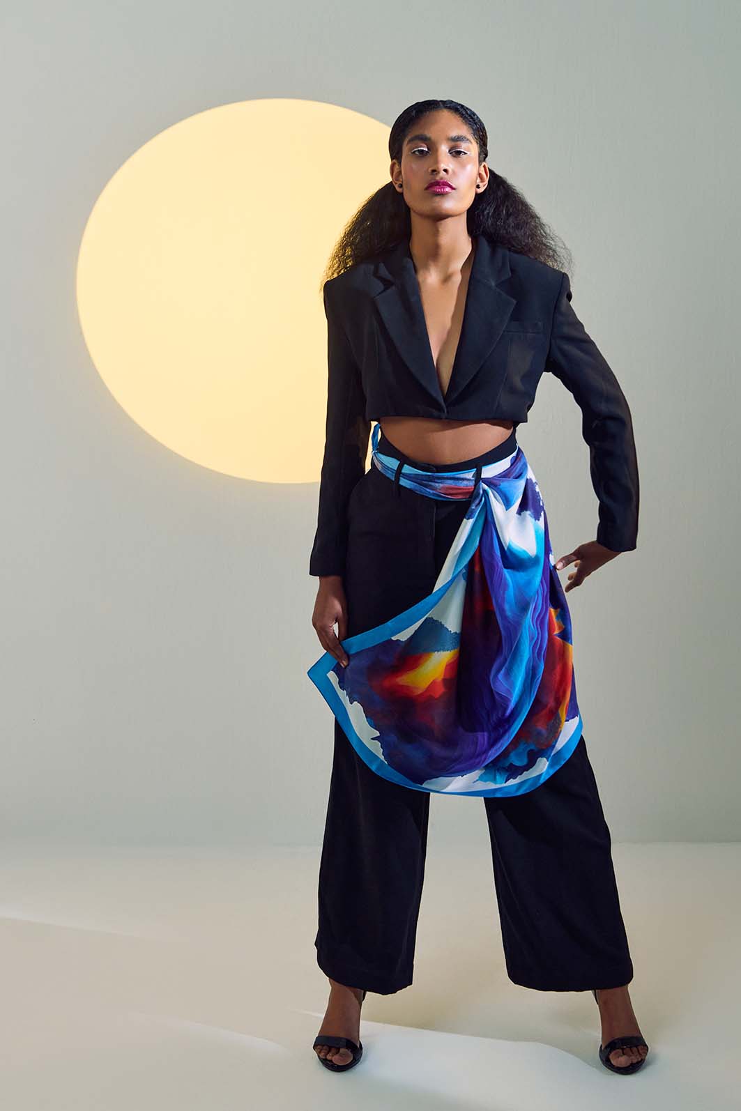 Full view of the Oneirodýni "Emotional Multiplicity" scarf, highlighting its luxurious twill silk fabric and abstract art design.
