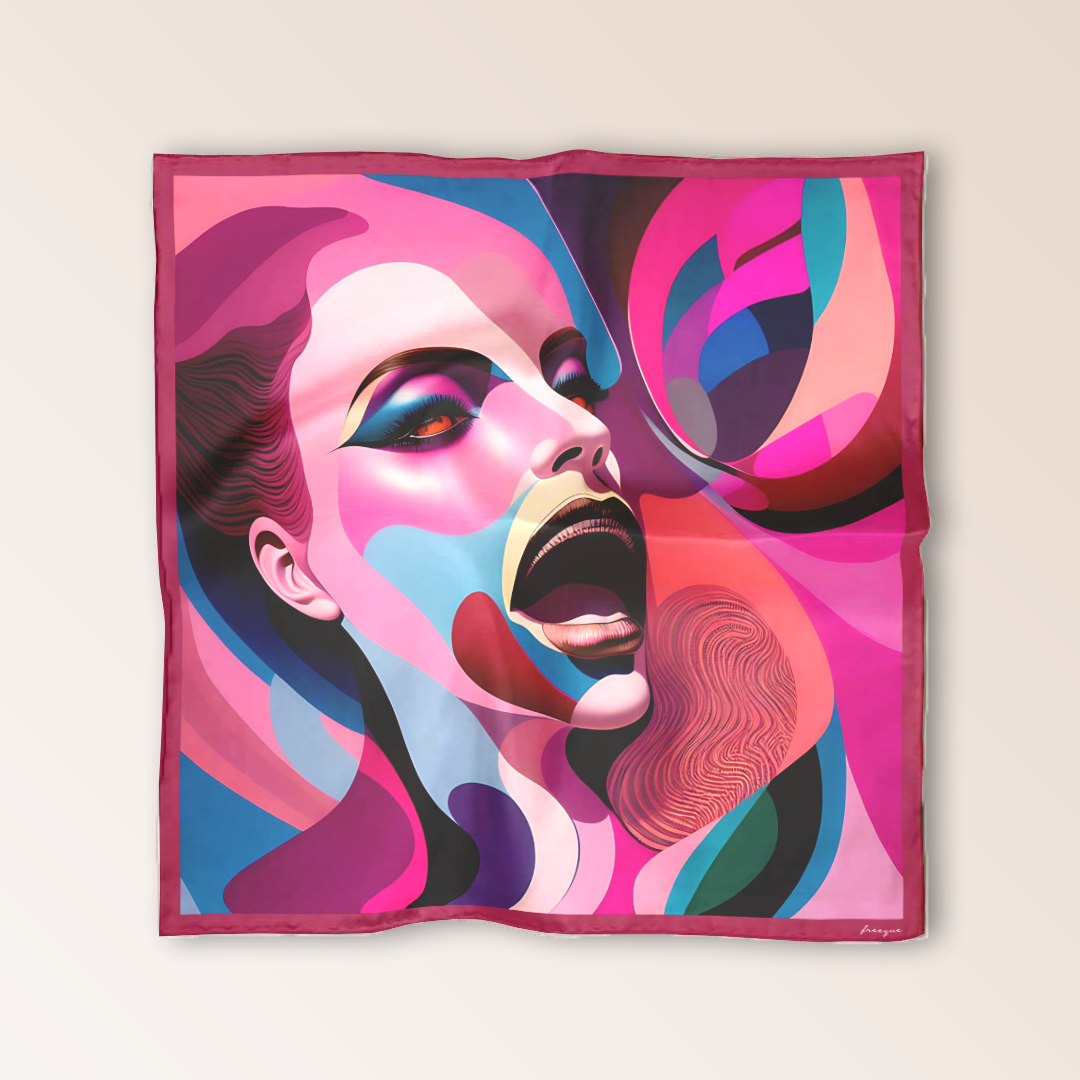 Freeque's Rêve d’Amour luxury scented scarf, featuring a surrealist portrait in warm tones, crafted in silk.