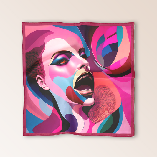 Freeque's Rêve d’Amour luxury scented scarf, featuring a surrealist portrait in warm tones, crafted in silk.