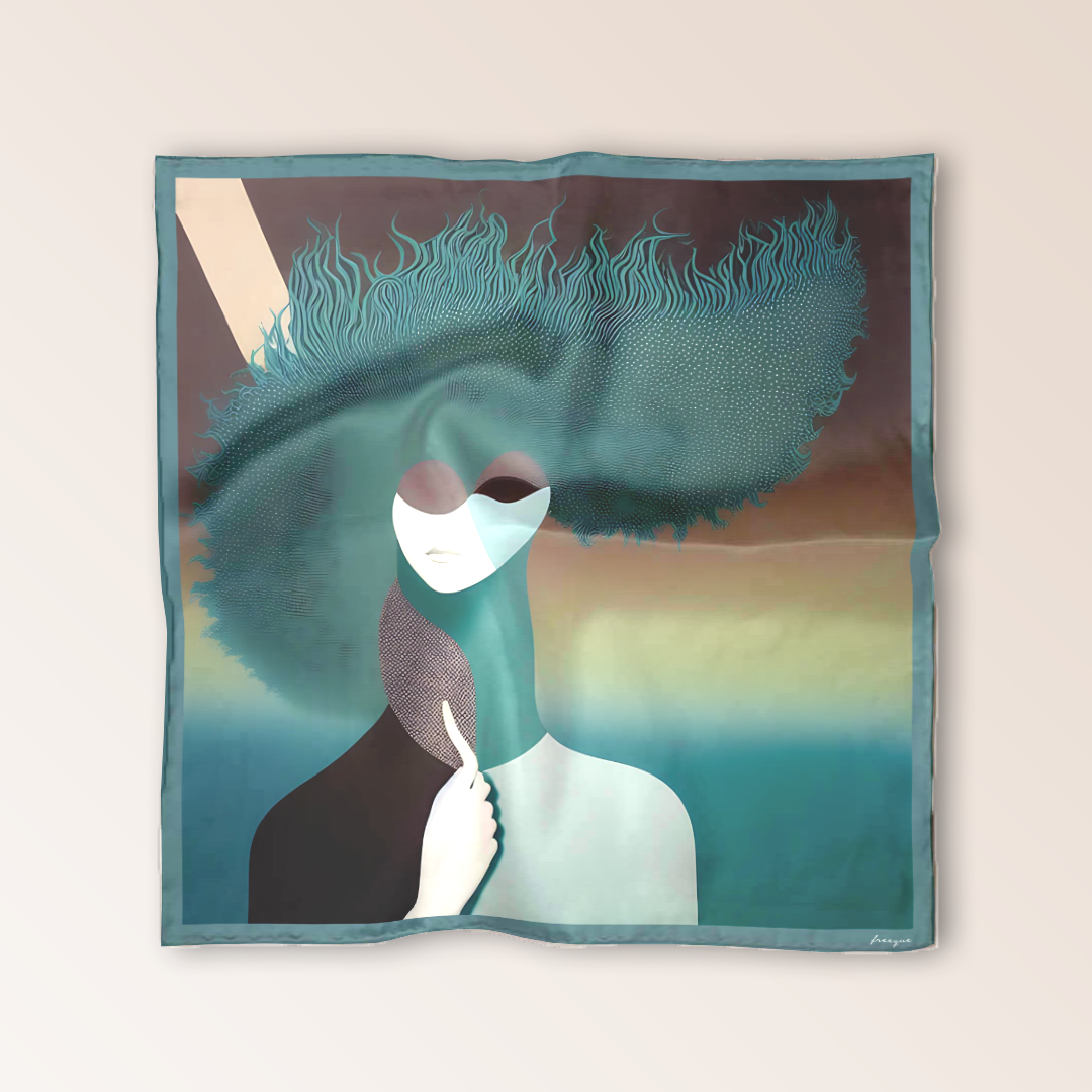 Skepsis Doubt scented silk scarf flat view with surrealistic design inspired by Rene Magritte in teal shades