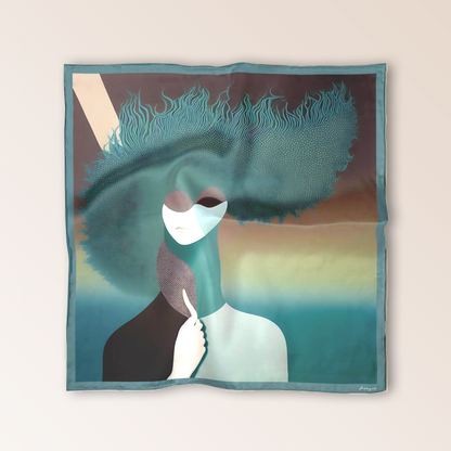 Skepsis Doubt scented silk scarf flat view with surrealistic design inspired by Rene Magritte in teal shades