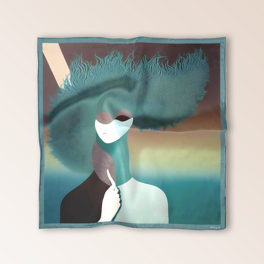 Skepsis Doubt scented silk scarf flat view with surrealistic design inspired by Rene Magritte in teal shades