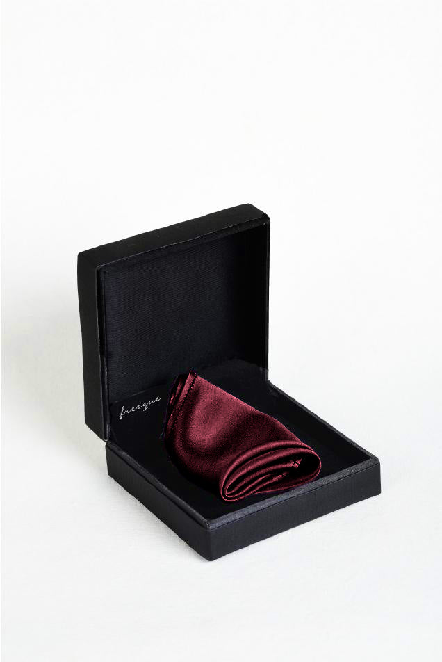 Solid burgundy satin silk pocket square in premium box – a refined accessory by Freeque