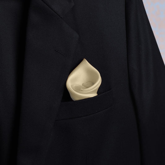 Solid buttercream scented pocket square styled in suit pocket - luxury accessory by Freeque