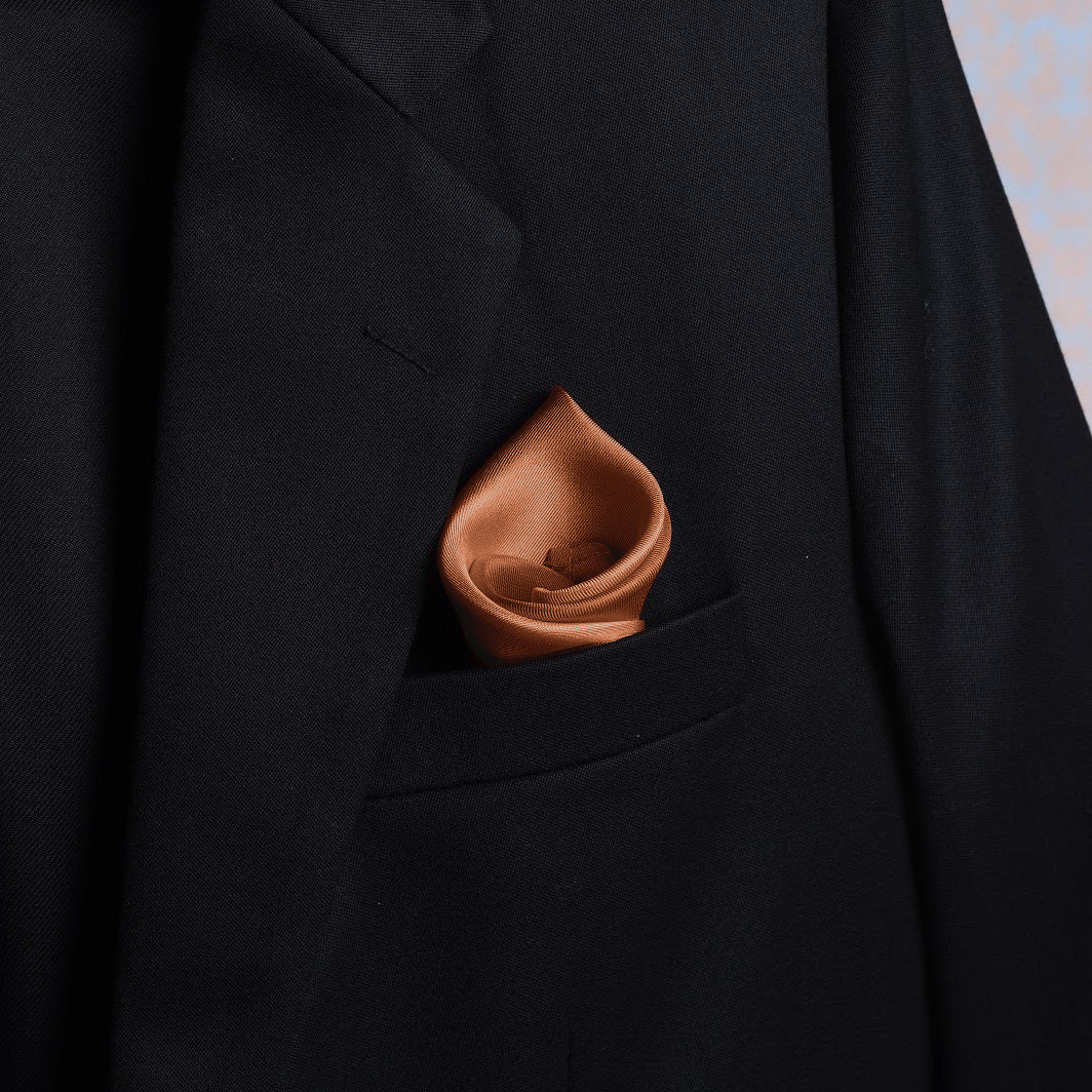 Chestnut satin silk scented pocket square in suit pocket - luxurious accessory by Freeque.