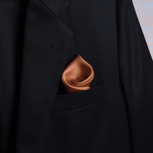 Chestnut satin silk scented pocket square in suit pocket - luxurious accessory by Freeque.