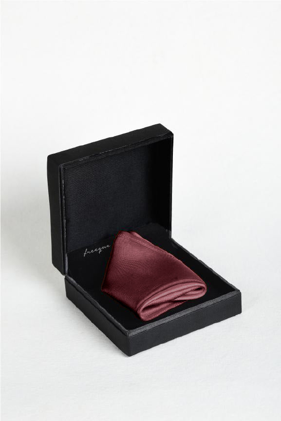 Solid cordovan satin silk pocket square in elegant Freeque box - premium men's accessory.
