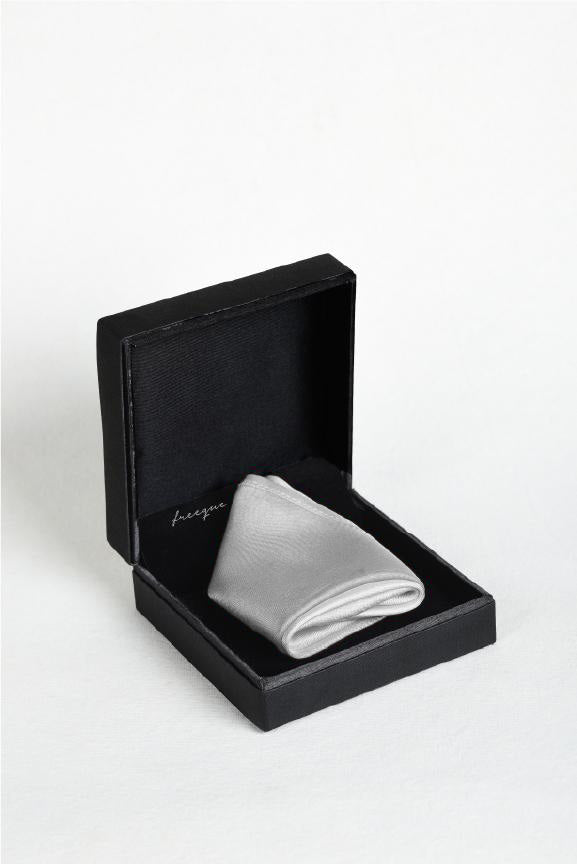 Solid white scented satin silk pocket square in a luxury black box