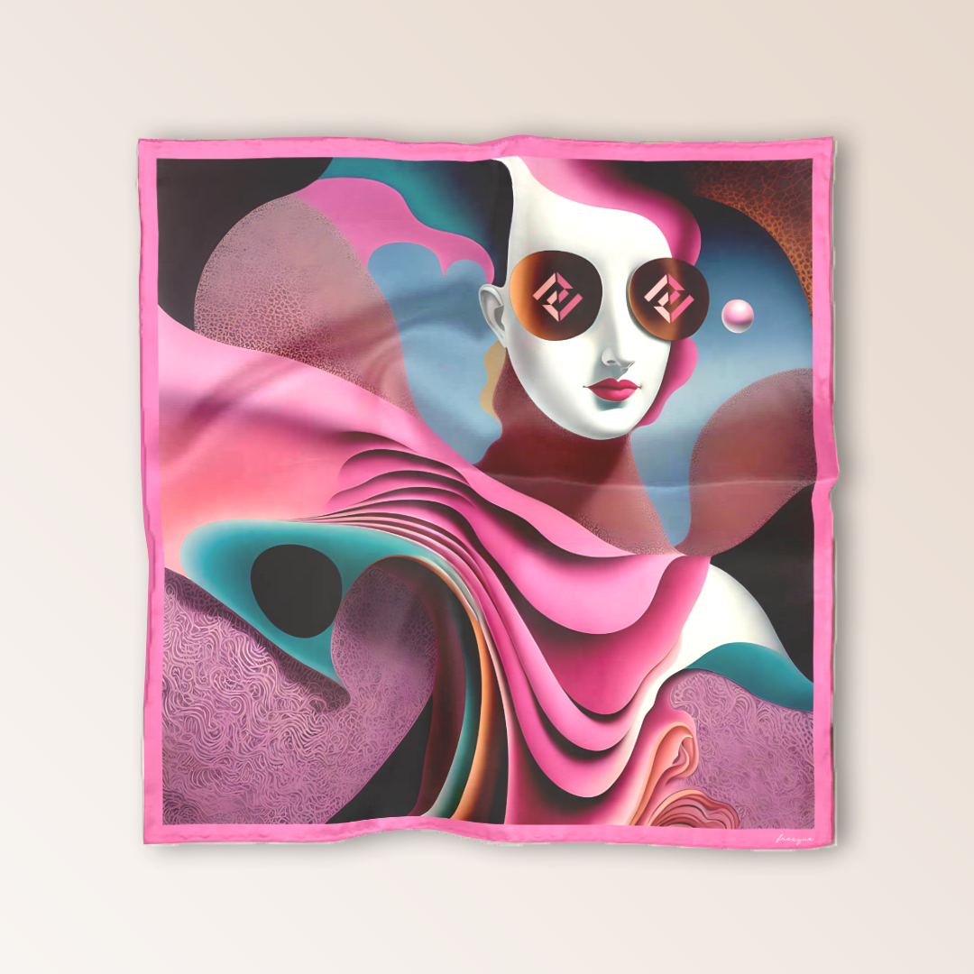 Soufflé luxury scented scarf by Freeque, a surreal silk artwork featuring dynamic movement and expressive contours in soft, dreamlike hues.