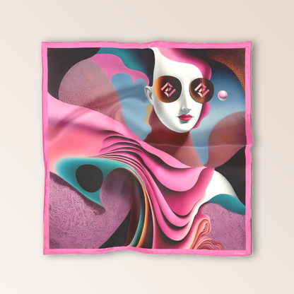 Soufflé luxury scented scarf by Freeque, a surreal silk artwork featuring dynamic movement and expressive contours in soft, dreamlike hues.