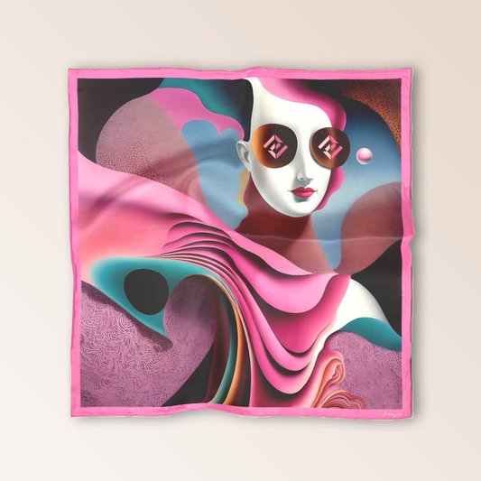 Soufflé luxury scented scarf by Freeque, a surreal silk artwork featuring dynamic movement and expressive contours in soft, dreamlike hues.