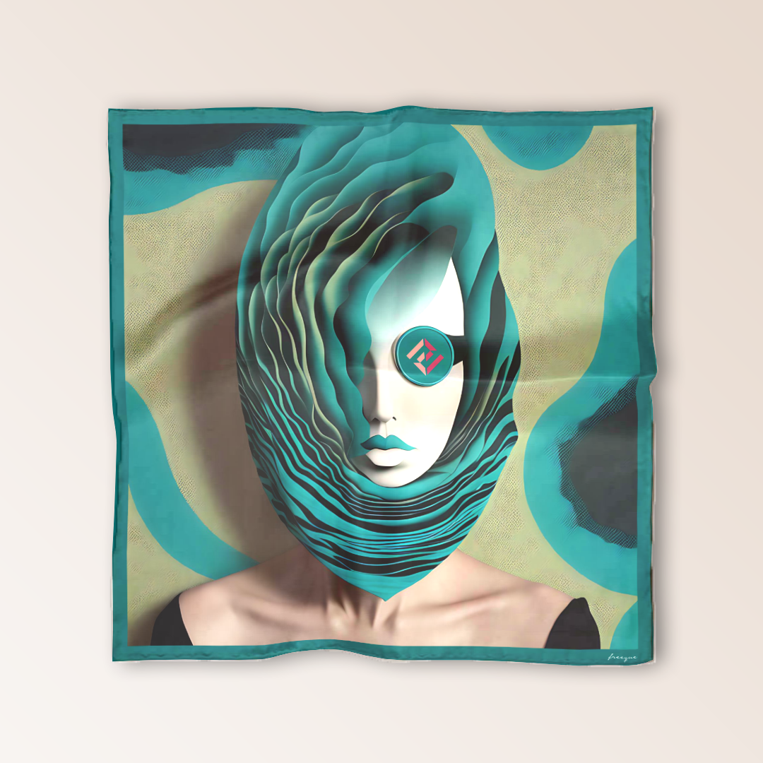 Spectre Silencieux luxury scented scarf by Freeque, featuring a surrealistic monochrome face with layered textures.