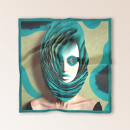 Spectre Silencieux luxury scented scarf by Freeque, featuring a surrealistic monochrome face with layered textures.