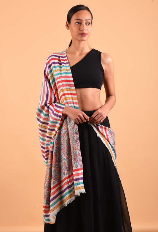Model wearing Regal stole in colorful striped design, draped elegantly