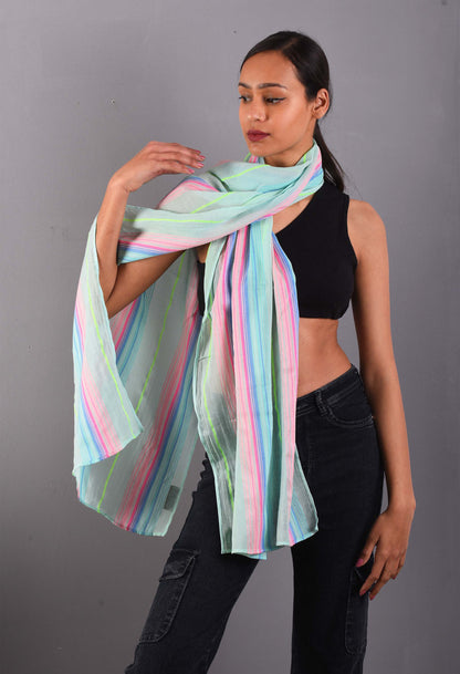 Model wearing the Blue Mobster scarf draped elegantly over the shoulder