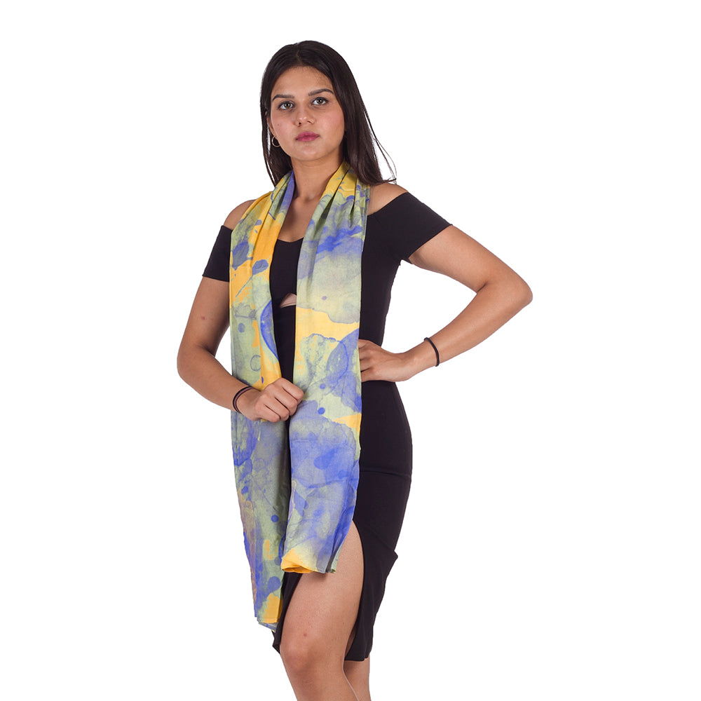 Model styled in Blueberry Fiesta scented stole on white background