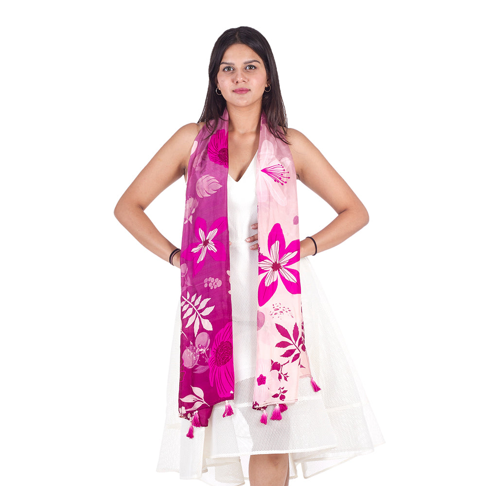 Model posing with Di-wine Florist lavender-scented scarf, floral pattern in elegant hues