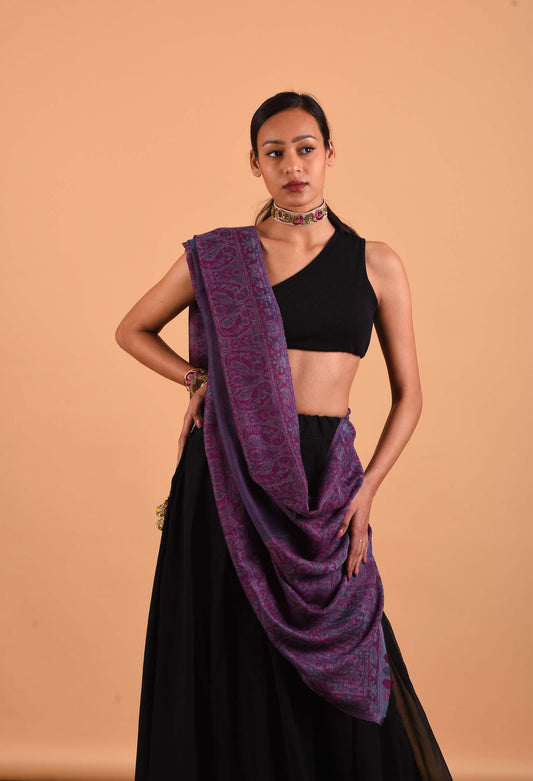 Model wearing Freeque's luxury Fadilah camel wool stole in purple tones, styled with traditional Indian attire.