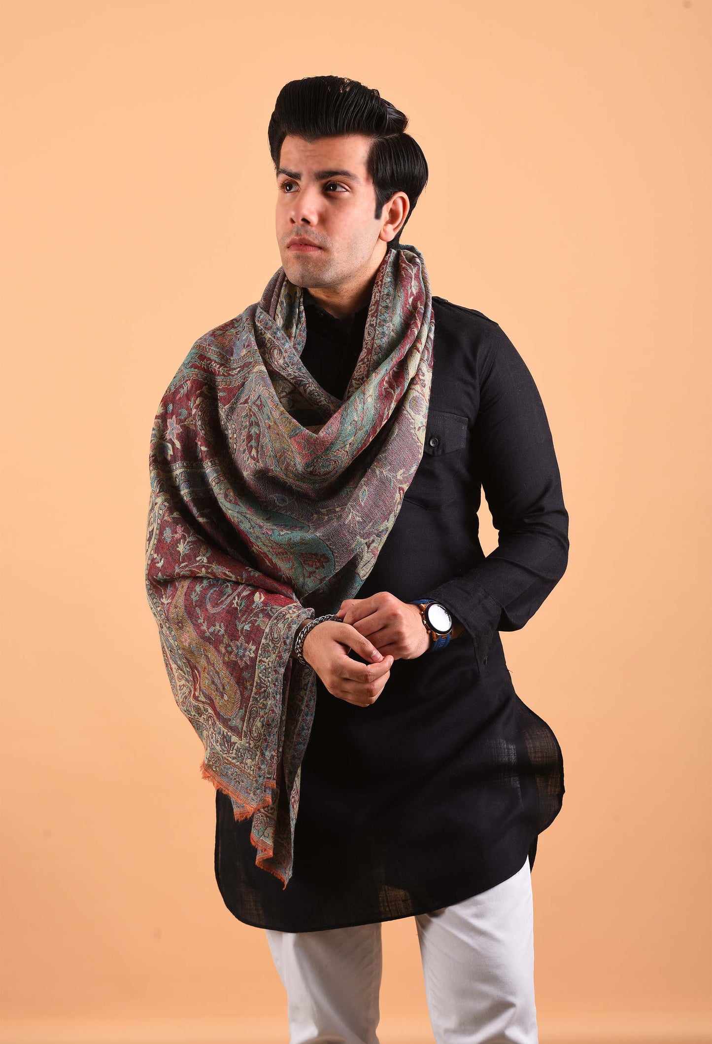Close-up of Naadira camel wool shawl highlighting luxurious woven texture