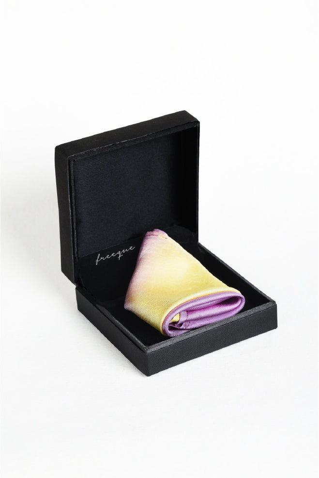 Ombre yellow-purple pocket square in black gift box, luxurious scented silk by Freeque
