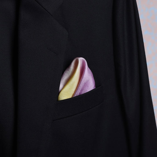 Ombre yellow-purple silk pocket square in suit pocket, luxury scented accessory by Freeque