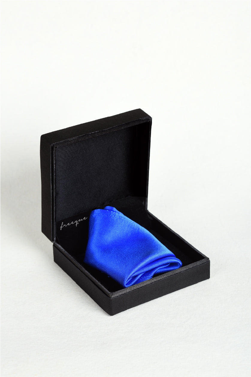 Solid Electric Blue Scented Pocket Square in Premium Black Box - 100% Satin Silk