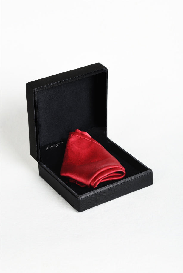 Solid red satin silk pocket square in luxury black box