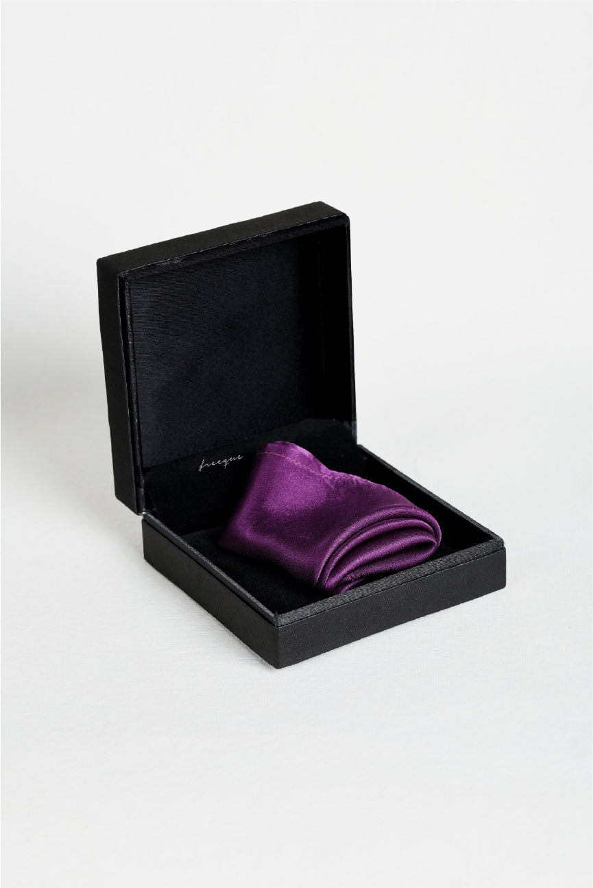 Solid violet scented pocket square displayed in Freeque luxury box